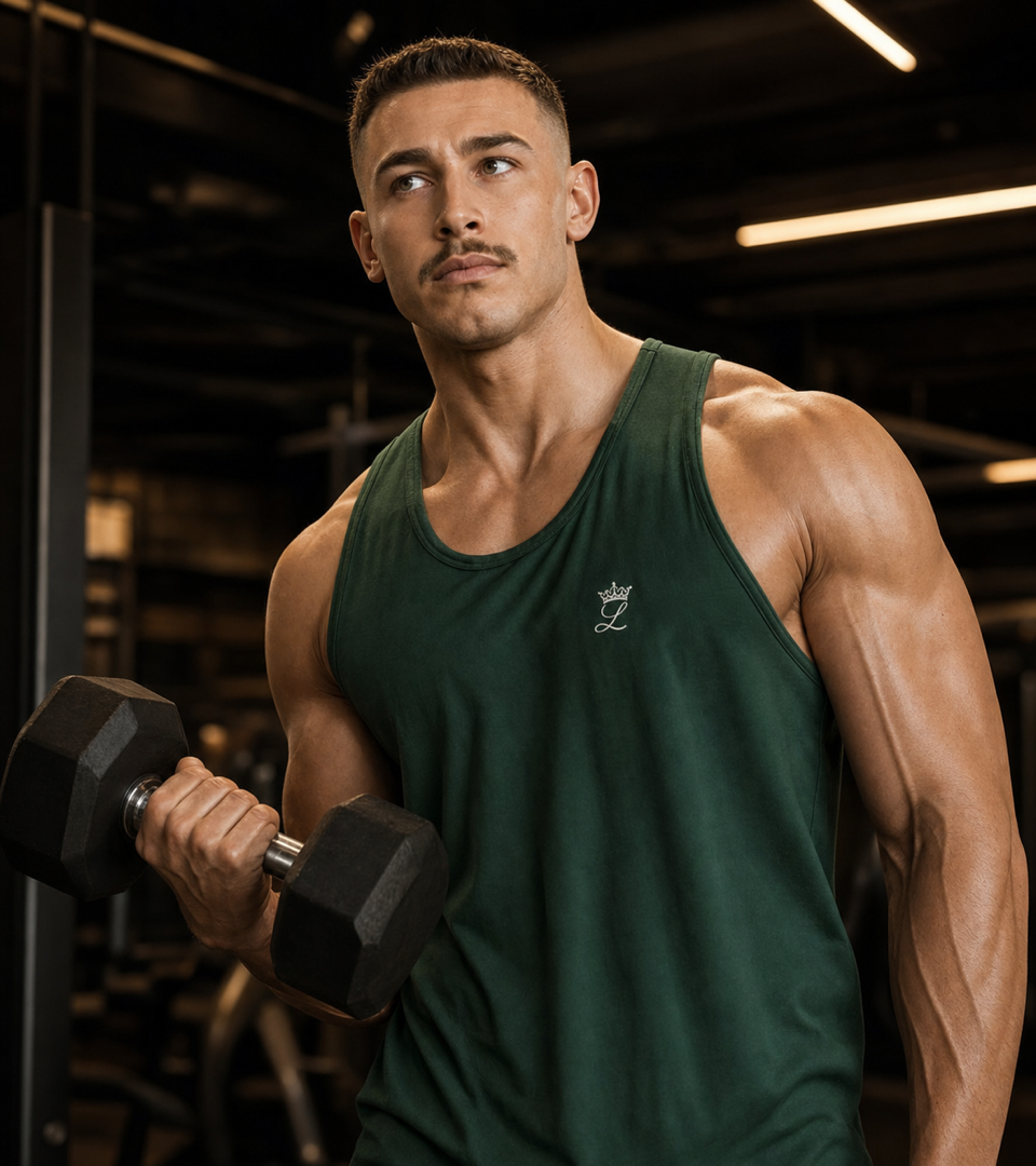 Athlète Loyal Fitness en débardeur vert s’entraînant avec un haltère